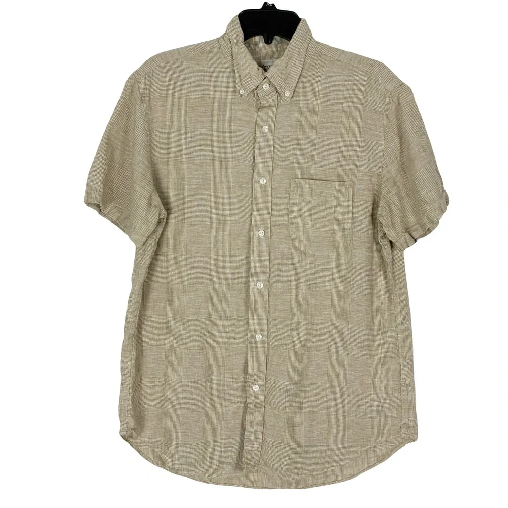 Nwot J Crew Beige Plaid Button Shirt M Short Sleeve Linen Classic Fit Preppy
